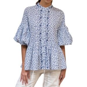 Mi Golondrina Women's Francisca Blue Floral Balloon Sleeve Blouse Medium